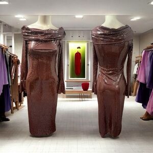 Lavish Ivy,Woman,Party Dress,Brown,Bright spots,SzS,Long Sleeve,Long,Neck tray.!